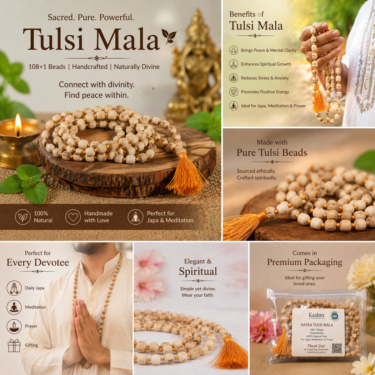 Original Tulsi Mala (108+1 Beads) – Pure Natural Holy Basil Japa Mala for Meditation, Spiritual Healing & Prayer